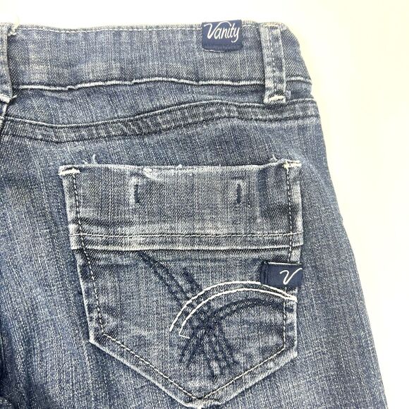 Vanity Pants Women 27/31 Blue Denim Jean Flared Embroidered Med Wash Low Rise - Picture 16 of 16